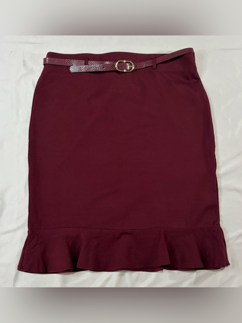 Messini Burgundy Ruffle Hem Midi Pencil Skirt with Belt Size L
